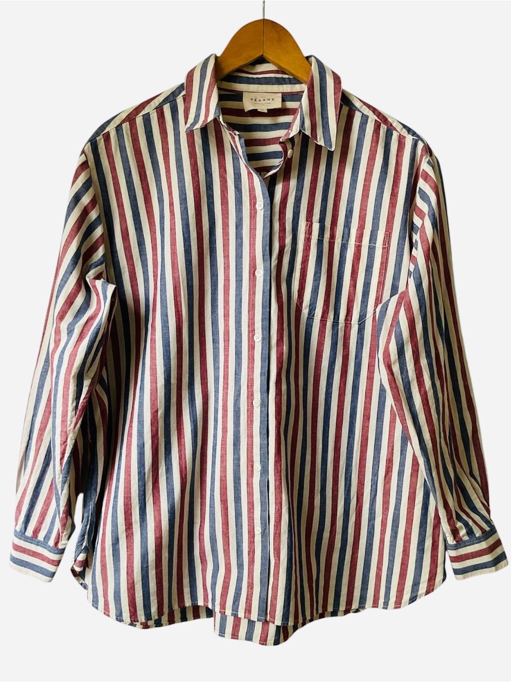 Sézane Max Shirt 36 Blue Ecru Burgundy Stripe Organic Cotton - Picture 11 of 12